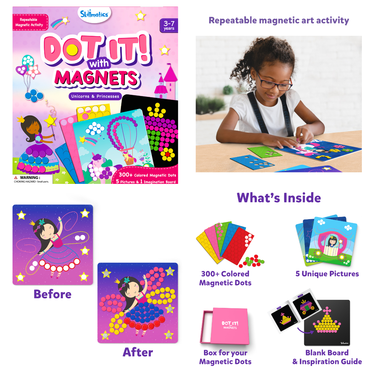 Skillmatics Art Activity Dot It with Magnets Unicorns and Princesses No Mess Repeatable Art for Kids Craft Kits DIY Activity Gifts