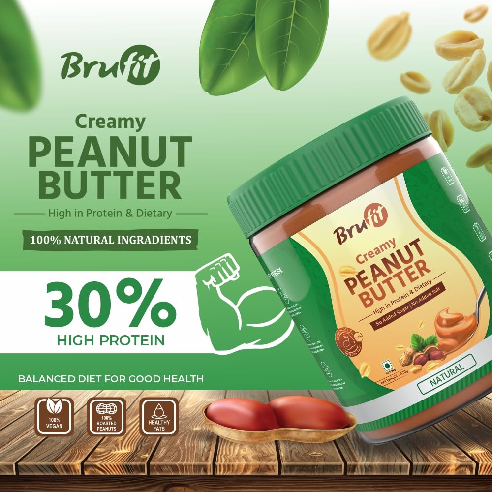 BruFit Natural Peanut Butter | 30g Protein | Unsweetened Healthy Nut Butter Spread with NO added Sugar | No-Cholesterol & Gluten | Zero Tans Fat | Creamy Peanut Butter (420 g)