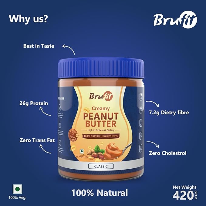 BruFit Classic Peanut Butter | 26g Protein & 7.2g Fiber | vegen | Healthy Nut Butter Spread with No-Cholesterol | Gluten Free | Zero Tans Fat | Healthy Fats | Rich Source of Dietary Fibre(Creamy,420 g).