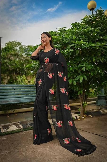 SWADESI STUFF Georgette Sarees for Women, Embroidered Saree in Black