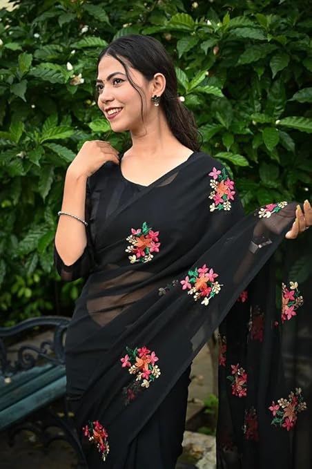 SWADESI STUFF Georgette Sarees for Women, Embroidered Saree in Black
