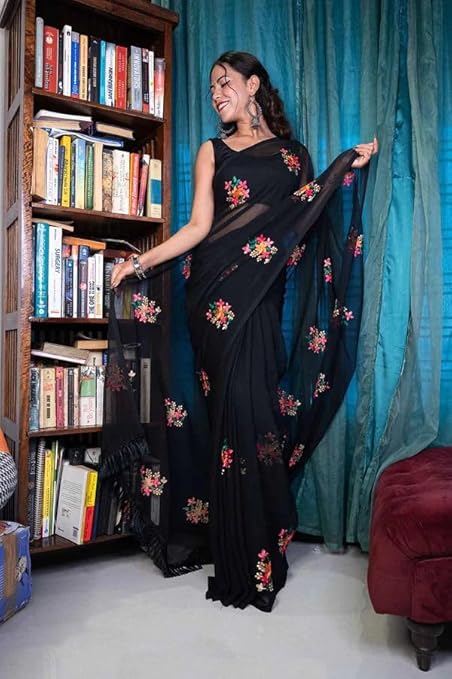 SWADESI STUFF Georgette Sarees for Women, Embroidered Saree in Black