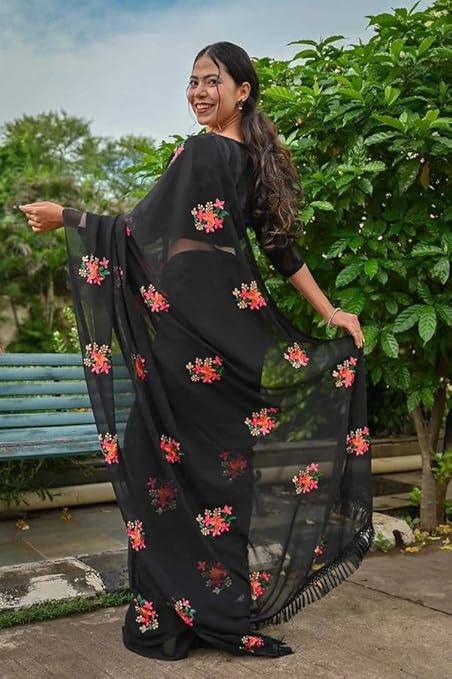 SWADESI STUFF Georgette Sarees for Women, Embroidered Saree in Black