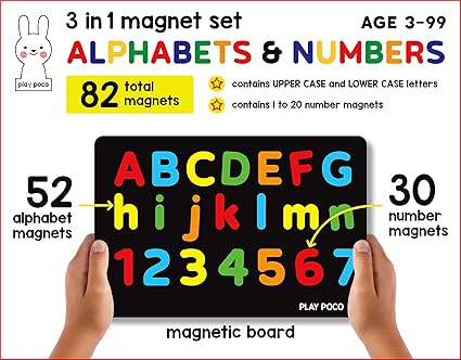 Play Poco 3 in 1 Magnet Set - Alphabets and Numbers with 26 Capital Letter,26 Small Letter, 30 Number Magnets and Magnetic Board - Child Safe Foam Magnets - ideal for 3-5 year old boys and girls,Red