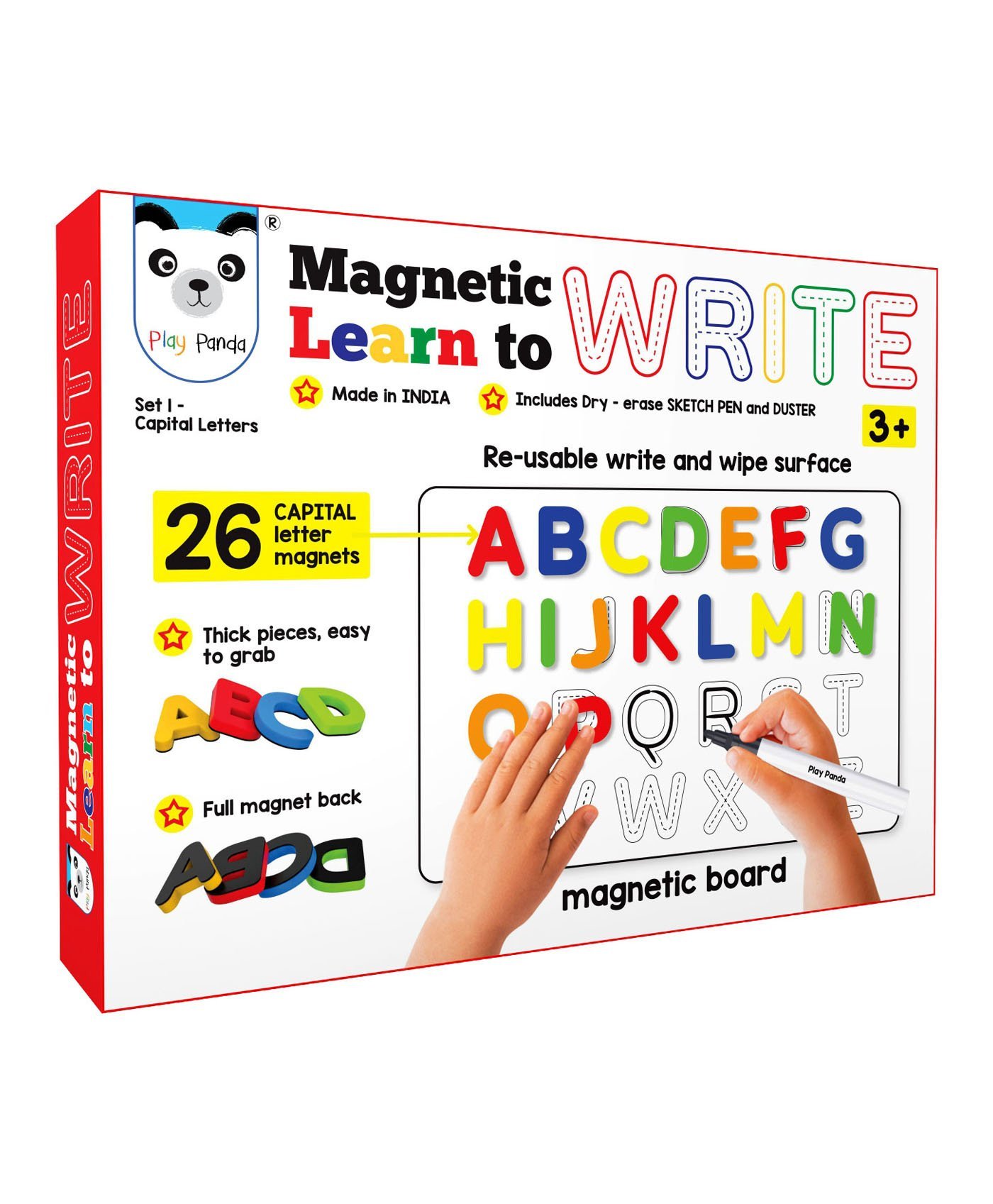 Play Panda Kids Magnetic Learn To Write Capital Letters - Includes Write And Wipe Magnetic Board, 26 Capital Letter Magnets, Dry Erase Sketch Pen And Duster - Simplify Teaching & Learning, Red