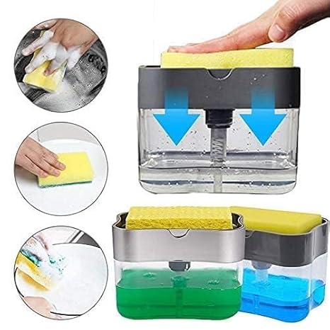 Claiez 2 in 1 Soap Dispenser for Bathroom Accessories Dishwasher Liquid Holder Liquid Dispenser Pump 400 ML with Sponge Holder Kitchen Sink Accessories Items (Multi-Color)