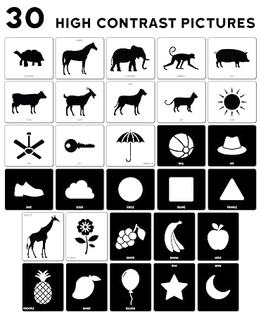 Play Poco High-Contrast Flash Cards Set for New Born Baby and Infants, 30 Pictures,Visual Stimulation and Brain Development, Black and White Learning Cards (0-12 Months)