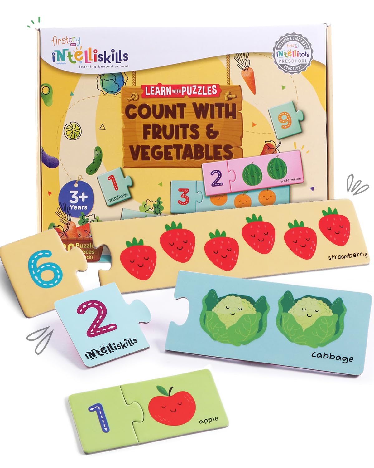 Intelliskills Premium 20 Pieces Count with Fruits & Vegetables Jigsaw Puzzle | Preschool Learning Educational Toys for Kids | BIS Certified | Birthday Gift | 2+ Years