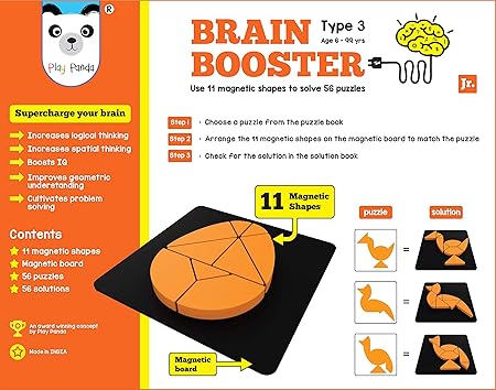 Play Panda Brain Booster Set 3 (junior) - 56 puzzles designed to boost intelligence - with Magnetic shapes, Magnetic board, Puzzle book and Solution book