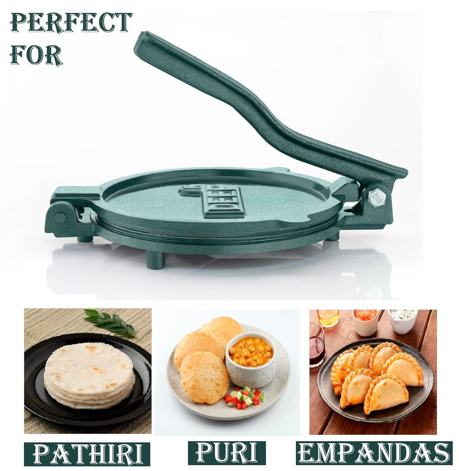 DEEP -16CM Cast Iron Manual Puri Maker | Poori Press | Empanadas & Pathiri Press | Dough Press Machine Made With Stainless Steel Inner Surface