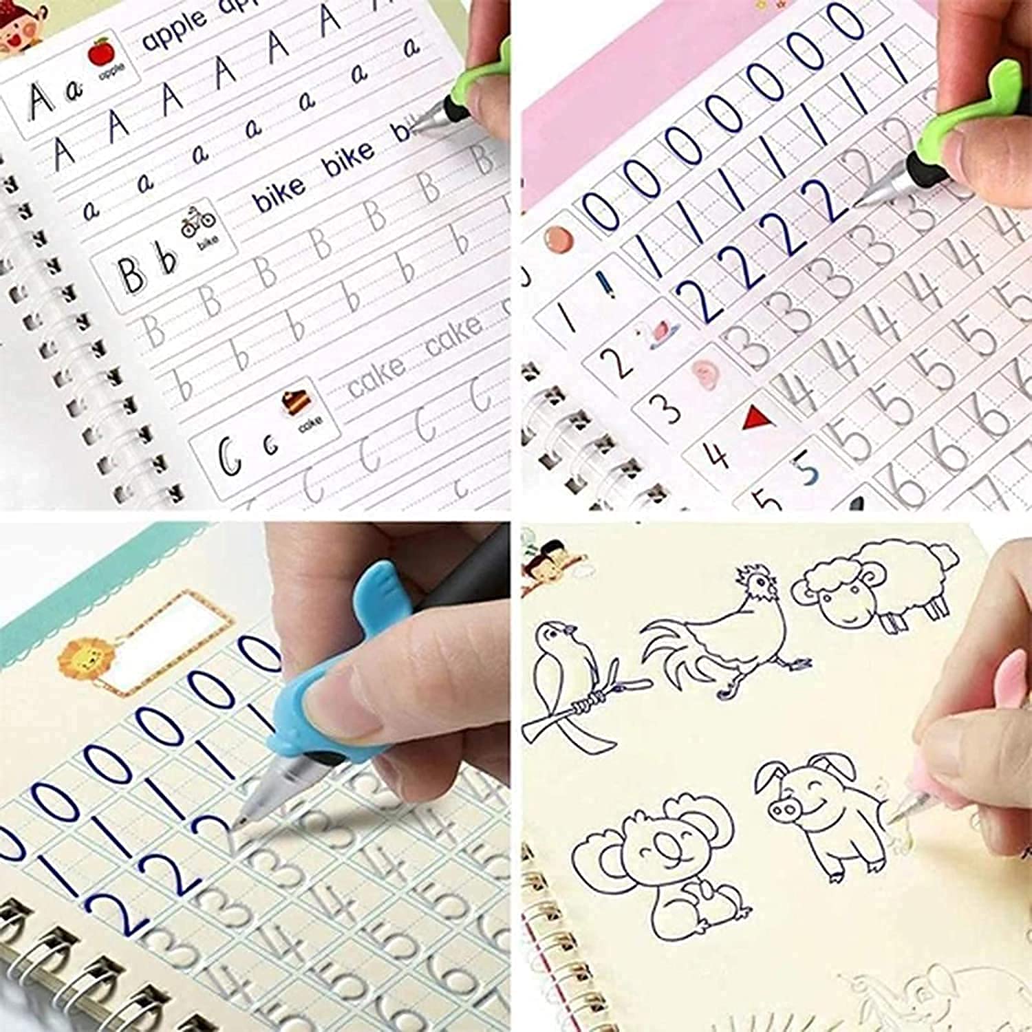 QOZWEID Magic Calligraphy, Preschool workbook, Numbers & English & Drawing & Mathematics Auto Fade Pen & 4 Books - 10 Refill 1 Grip 1 pen new