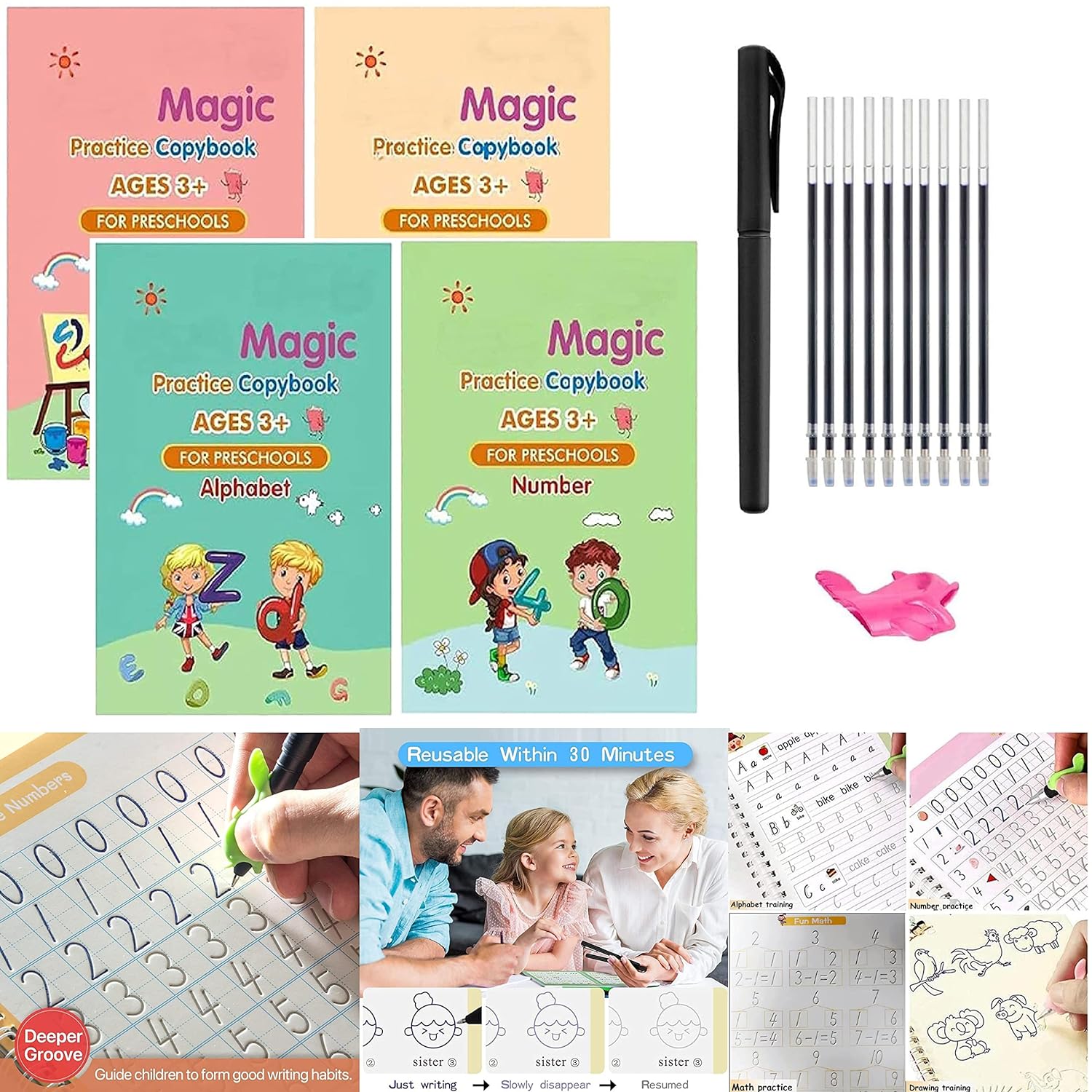 QOZWEID Magic Calligraphy, Preschool workbook, Numbers & English & Drawing & Mathematics Auto Fade Pen & 4 Books - 10 Refill 1 Grip 1 pen new