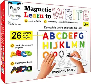 Play Panda Kids Magnetic Learn To Write Capital Letters - Includes Write And Wipe Magnetic Board, 26 Capital Letter Magnets, Dry Erase Sketch Pen And Duster - Simplify Teaching & Learning, Red
