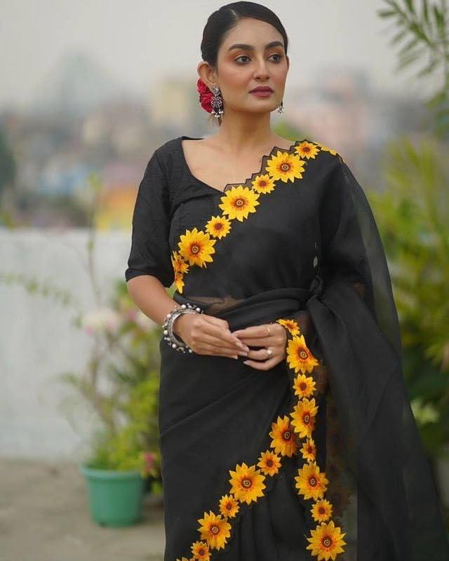 SWADESI STUFF Embroidered Floral Sunflower Print Black Georgette Saree for Women