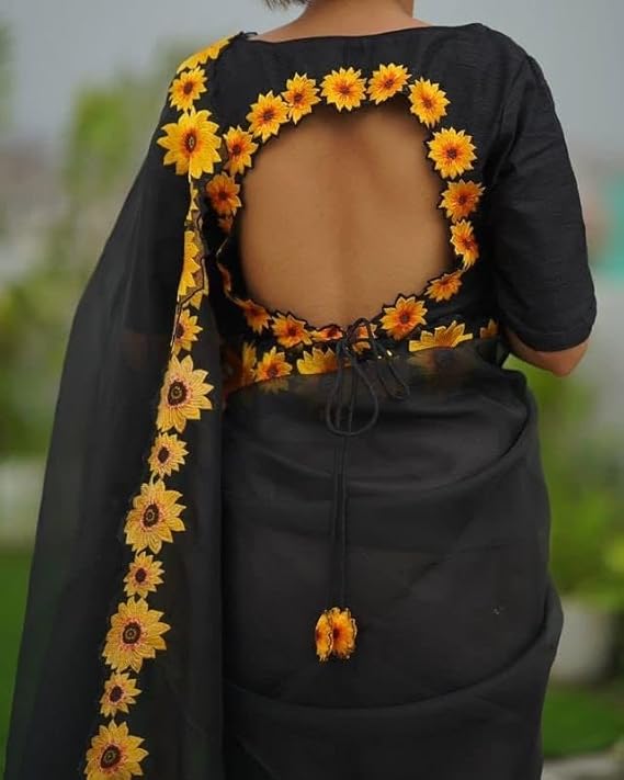 SWADESI STUFF Embroidered Floral Sunflower Print Black Georgette Saree for Women
