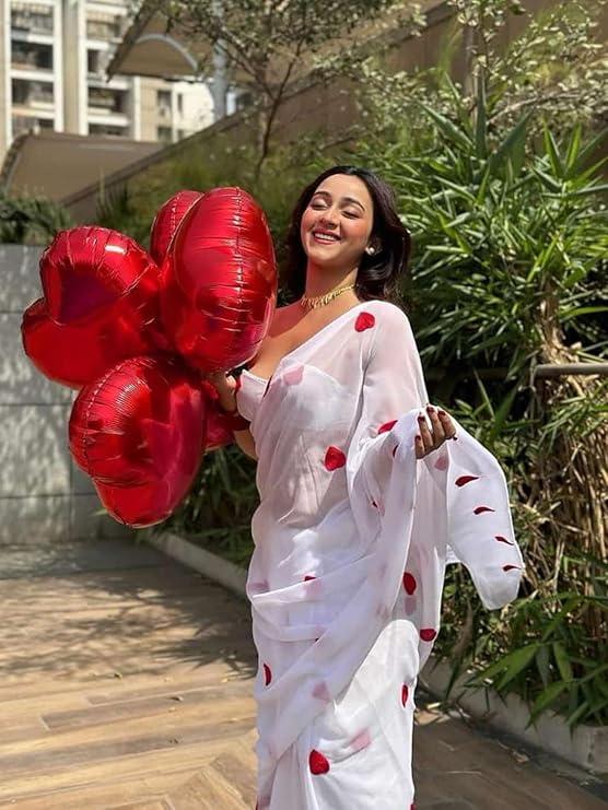SWADESI STUFF Red Heart Embroidered Georgette Saree for Women, Party, Wedding, Bridal