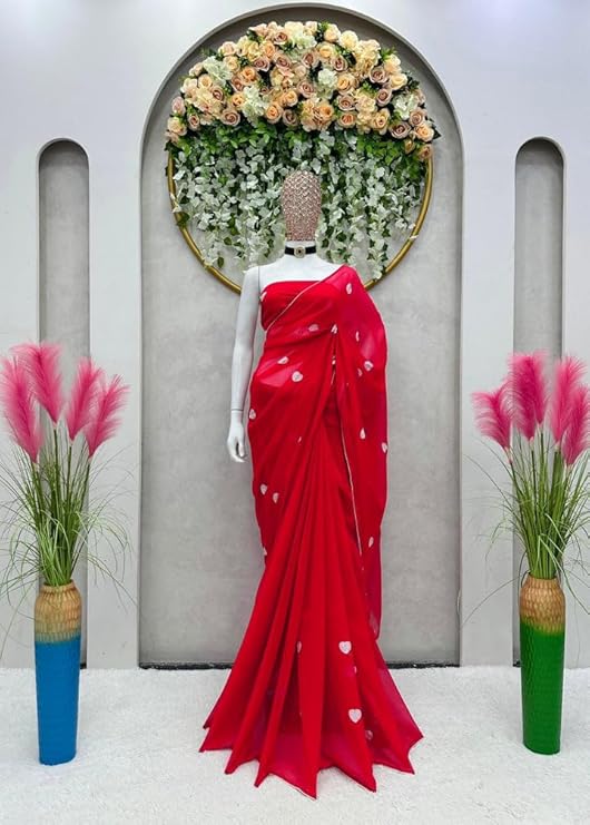 SWADESI STUFF Red Heart Embroidered Georgette Saree for Women, Party, Wedding, Bridal