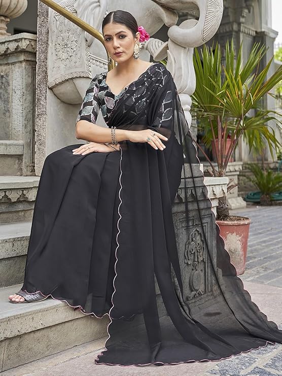 SWADESI STUFF Georgette Sarees for Women, Embroidered Cutted Border Saree with Georgette Blouse