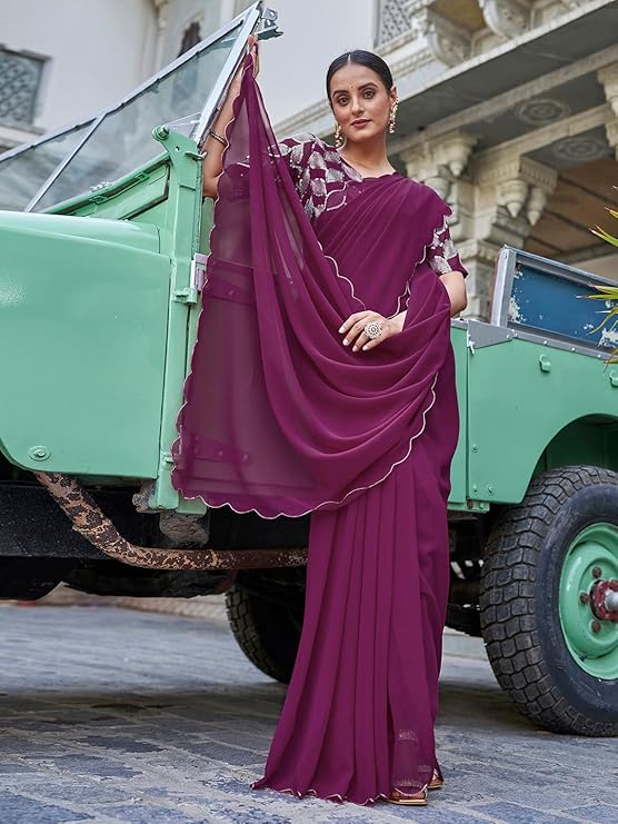 SWADESI STUFF Georgette Sarees for Women, Embroidered Cutted Border Saree with Georgette Blouse