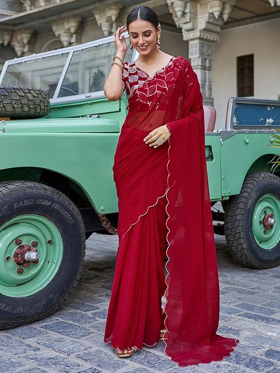 SWADESI STUFF Georgette Sarees for Women, Embroidered Cutted Border Saree with Georgette Blouse