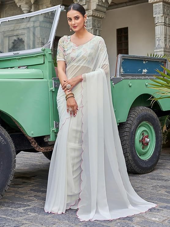 SWADESI STUFF Georgette Sarees for Women, Embroidered Cutted Border Saree with Georgette Blouse
