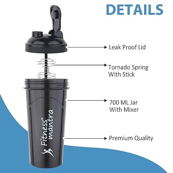 Fitness Mantra® Premium 700ml Protein Shaker Bottle with Mixer Ball for Men & Women [Capacity 700 ml, Black Color]