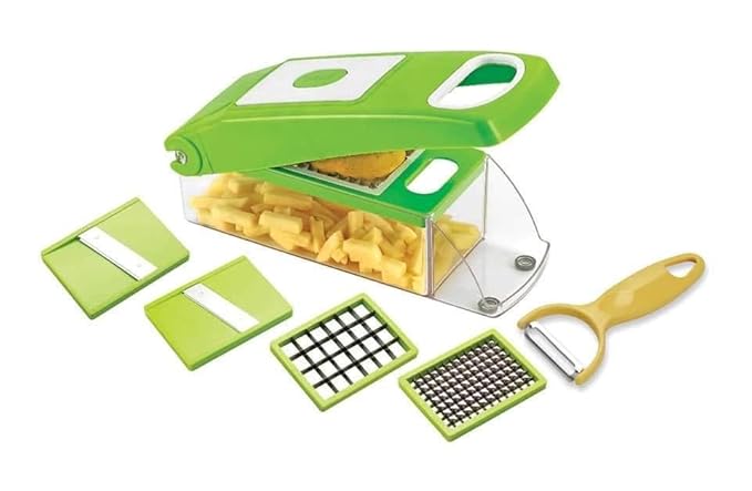 Rylan 5 in 1 Multipurpose Chopper, Fruits & Vegetable Cutters, Grater Peeler Chipser, Unbreakable Food Grade Body, Easy Push to Clean Button Slicer Dicer, Chopper for Kitchen (Green, Plastic)