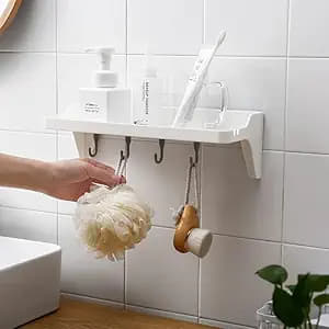 Esspy Plastic Bathroom Storage Shower Caddy, Kitchen Shelf With Easy Diy Adhesive Mounting, White Shower Caddy With Hooks, Holds Shampoo, Cosmetics, Bath Accessories, Kitchen Utensils (Pack of 1)