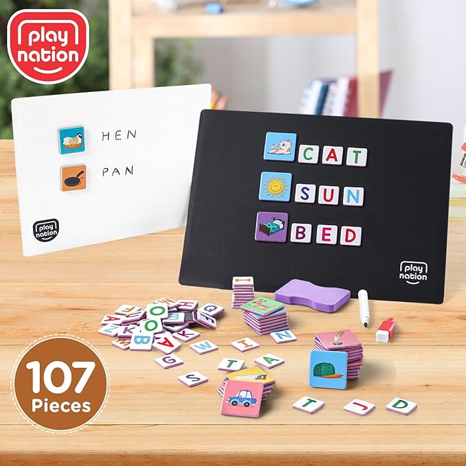 Play Nation Premium 107 Pcs Spell Word 3 Letter Alphabet Magnetic Learning Set with Magnets, Magnetic Board and Duster | BIS Certified | Birthday Gift | Multicolor | 3+ Years