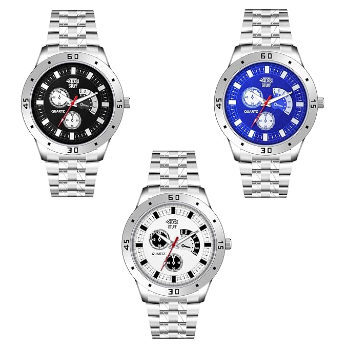SWADESI STUFF Men's Quartz Analogue Watch, Stainless Steel, 35mm Case, Blue/Black/White Dial Combo of 3 Watches