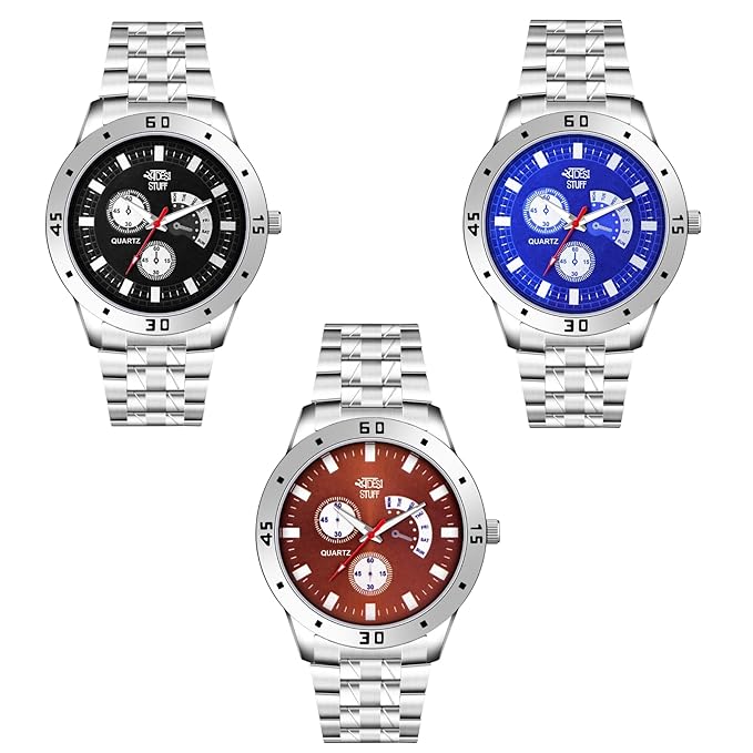 SWADESI STUFF Men's Quartz Analogue Watch, Stainless Steel, 35mm Case, Blue/Black/White Dial Combo of 3 Watches