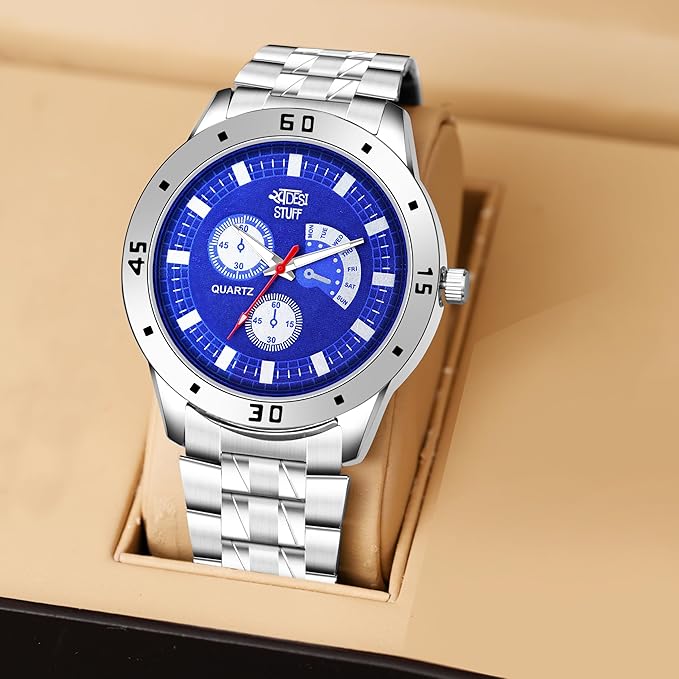 SWADESI STUFF Quartz Analogue Watch, 47 mm Case, Blue Dial, Stainless Steel Band