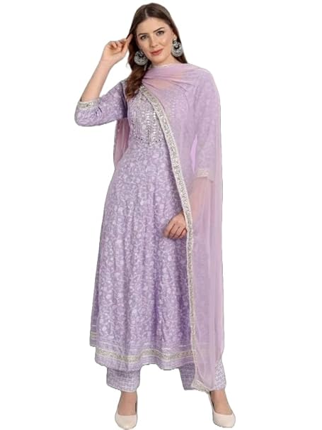 LookMark Women Kurta Set in Light Purple Color and Cotton Blend Fabric With Pant and Dupatta