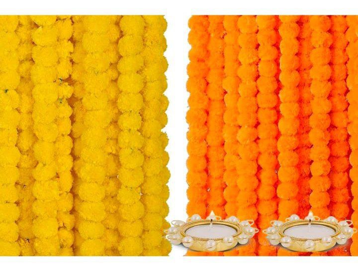 Home Buy Indian Made in Bharat Artificial Marigold Flowers for Decoration Garland 400gsm Each for Diwali & Festivals | 5 Feet Long 10 Pcs with 2 Diya (Orange+ Yellow)