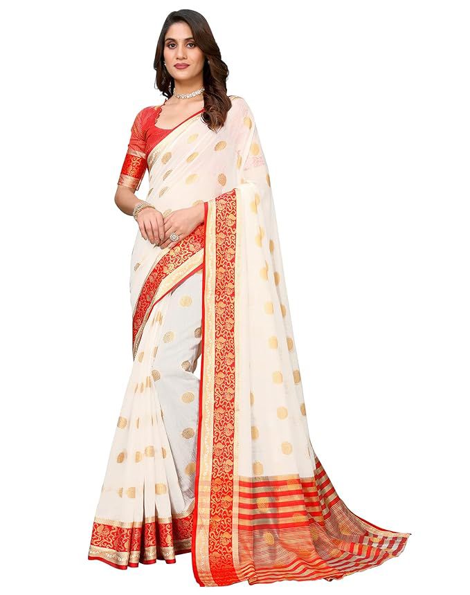 Yashika Women's Woven Latest Banarasi Kanjivaram Cotton Silk Saree with Unstitched Blouse Material-Suitable for Durga Puja and Festival (AZ-YS-P1-DURGA KERI_White)