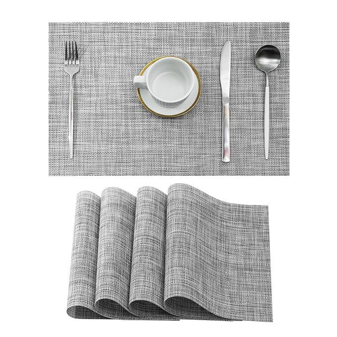 Zollyss Linen Grey Placemats Set of 6 - Heat Resistant Non-Slip Place mats for Dining Table, Washable Durable PVC Vinyl Woven Table Mats (Linen Grey)