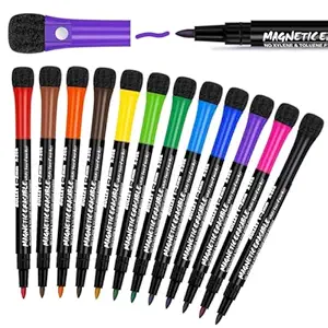 Zollyss White Board Marker, 12 Colors Magnetic Whiteboard Markers with Eraser Cap, Low Odor Magnetic Dry Erase Markers Fine Point Tip for Kids & Teachers, Home, Office and School Supplies