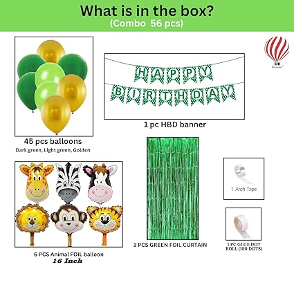 HK balloons Pack of 56 Pcs Jungle theme Birthday Party Decorations items For boys Forest Theme Happy Birthday Foil balloons Animal Face Foil, Chrome Balloons for theme birthday party