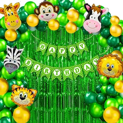 HK balloons Pack of 56 Pcs Jungle theme Birthday Party Decorations items For boys Forest Theme Happy Birthday Foil balloons Animal Face Foil, Chrome Balloons for theme birthday party