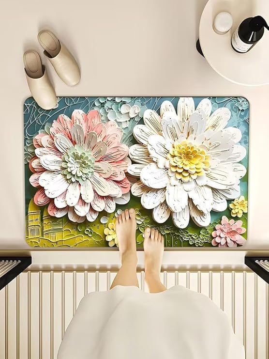 NEW TEKCOOL Bathroom Mat,Door mat Door Mat, Rubber Non-Slip Quick Dry Rugs Fit Under Door Super Absorbent Thin Fashion Washable Oval Floor Bath Mat for Bathroom, Bathtub, Shower and Sink (Sunflower-1 pc)