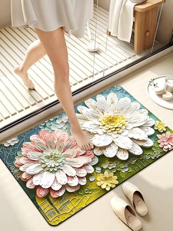 NEW TEKCOOL Bathroom Mat,Door mat Door Mat, Rubber Non-Slip Quick Dry Rugs Fit Under Door Super Absorbent Thin Fashion Washable Oval Floor Bath Mat for Bathroom, Bathtub, Shower and Sink (Sunflower-1 pc)