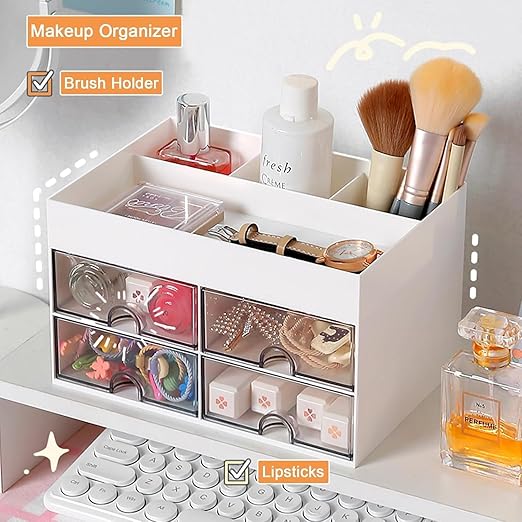 Zollyss Plastic Multi-Functional Desk Organizer With 4 Compartments & 4 Drawer Desktop Office Supplies Stationery Storage Box Cosmetic Organizer For Pens Staplers Clips Sticky Notes (White)