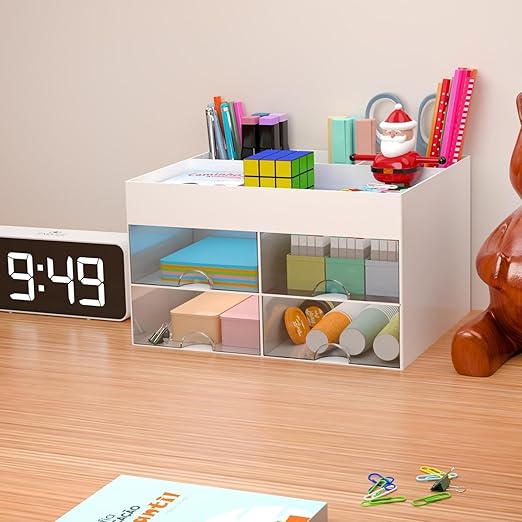 Zollyss Plastic Multi-Functional Desk Organizer With 4 Compartments & 4 Drawer Desktop Office Supplies Stationery Storage Box Cosmetic Organizer For Pens Staplers Clips Sticky Notes (White)