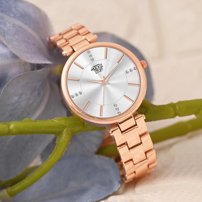 SWADESI STUFF Rose Gold Metallic Strap Analog Wristwatch for Women, Diamond Studded Round dial