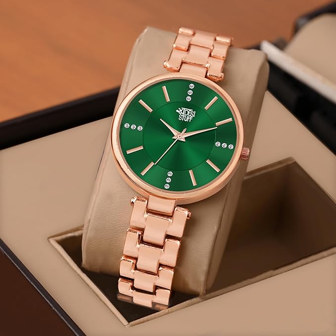 SWADESI STUFF Rose Gold Metallic Strap Analog Wristwatch for Women, Diamond Studded Round dial