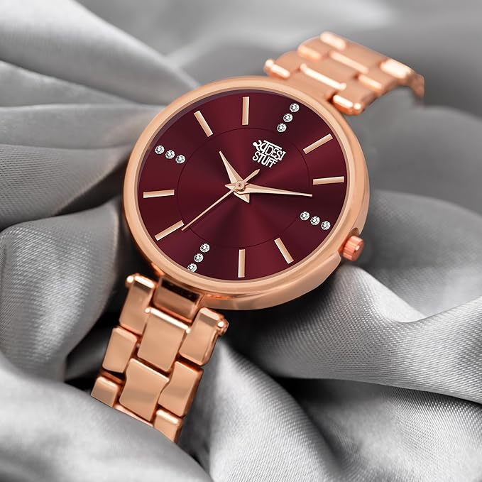 SWADESI STUFF Rose Gold Metallic Strap Analog Wristwatch for Women, Diamond Studded Round dial