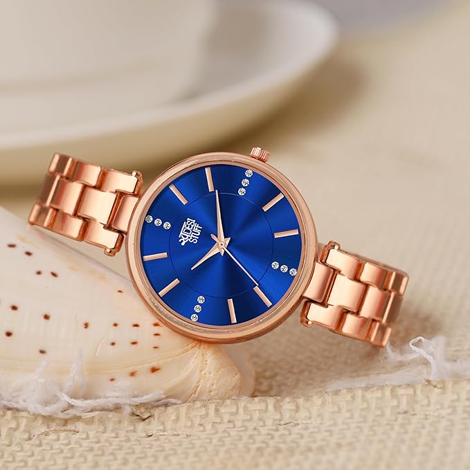 SWADESI STUFF Rose Gold Metallic Strap Analog Wristwatch for Women, Diamond Studded Round dial