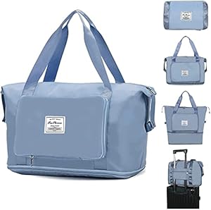 Zollyss Nylon 40 Cms Imported Foldable Travel Duffle Shoulder Tote Bag for Women, Expandable Lightweight Waterproof Carry Weekender Overnight Luggage Bag (Blue)