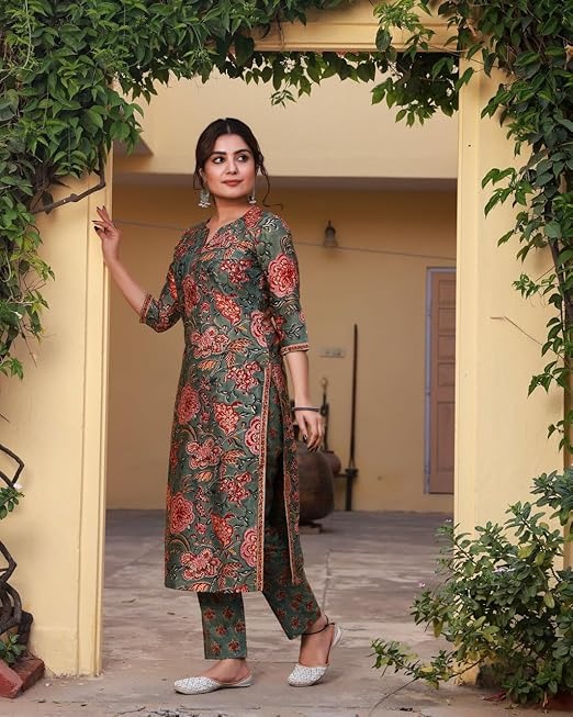 Yashika Women's Latest Printed Cotton Blend Straight Kurta With Pant Set