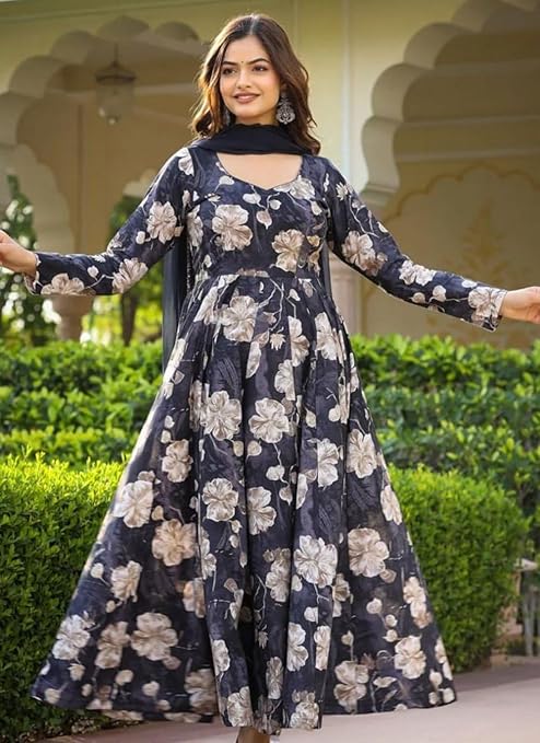 LookMark Women Kurta Set in Black Floral Color and Georgette Fabric With Only Dupatta
